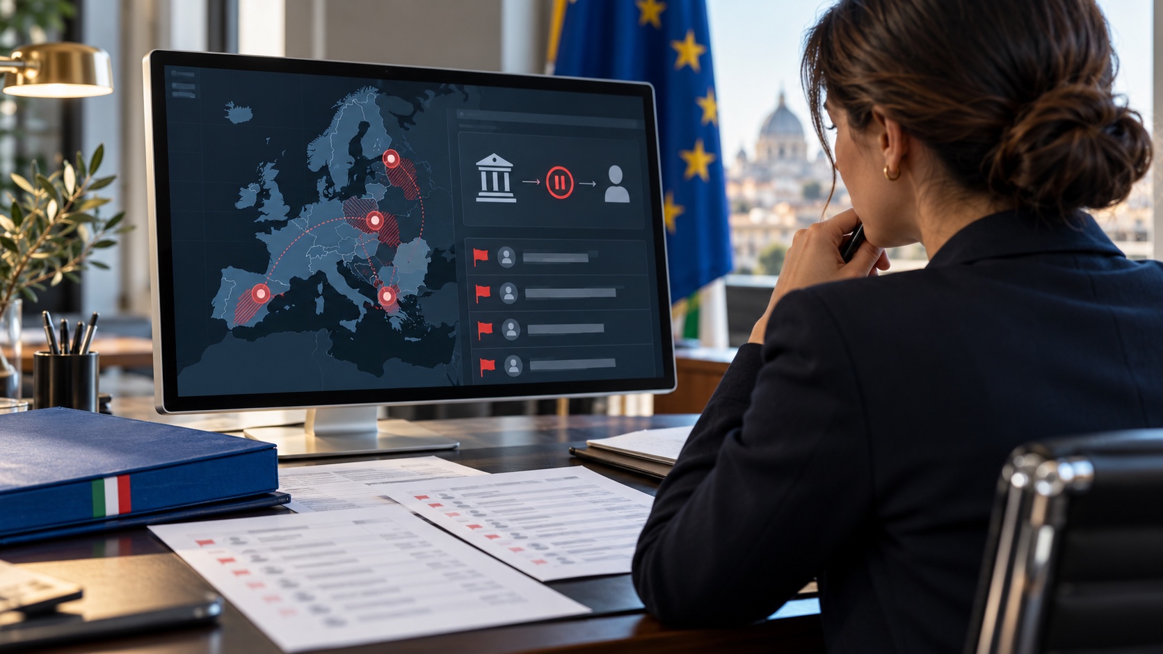 Controllo di un trasferimento bancario rispetto alle liste delle sanzioni dell’Unione europea, immagine editoriale illustrativa generata con AI